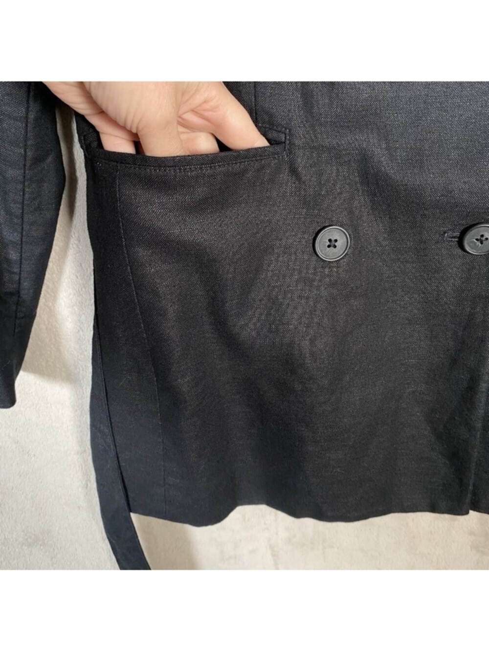 Black Belted Linen blend Women's Blazer Jacket - Picture 4 of 6